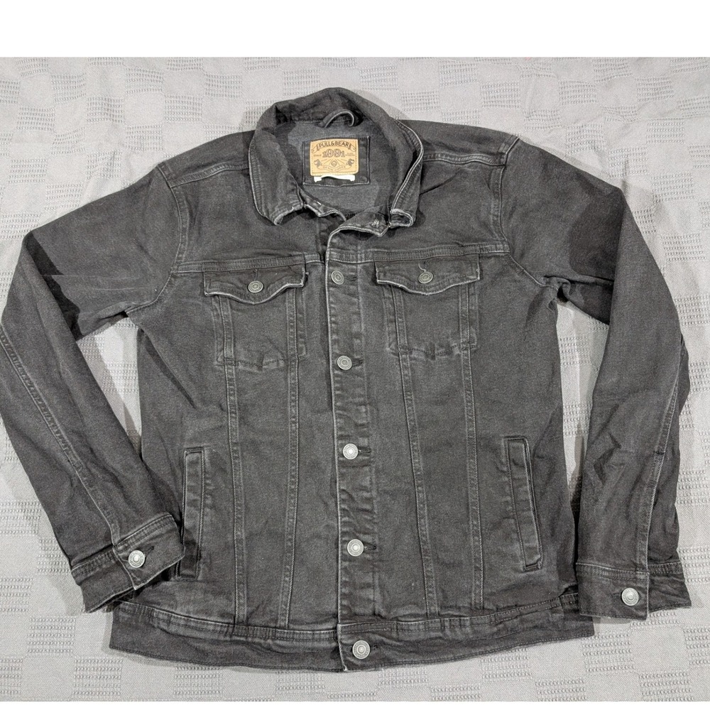 Pull&Bear Mens Washed Black Denim Trucker Jacket Large L Button Up Cotton